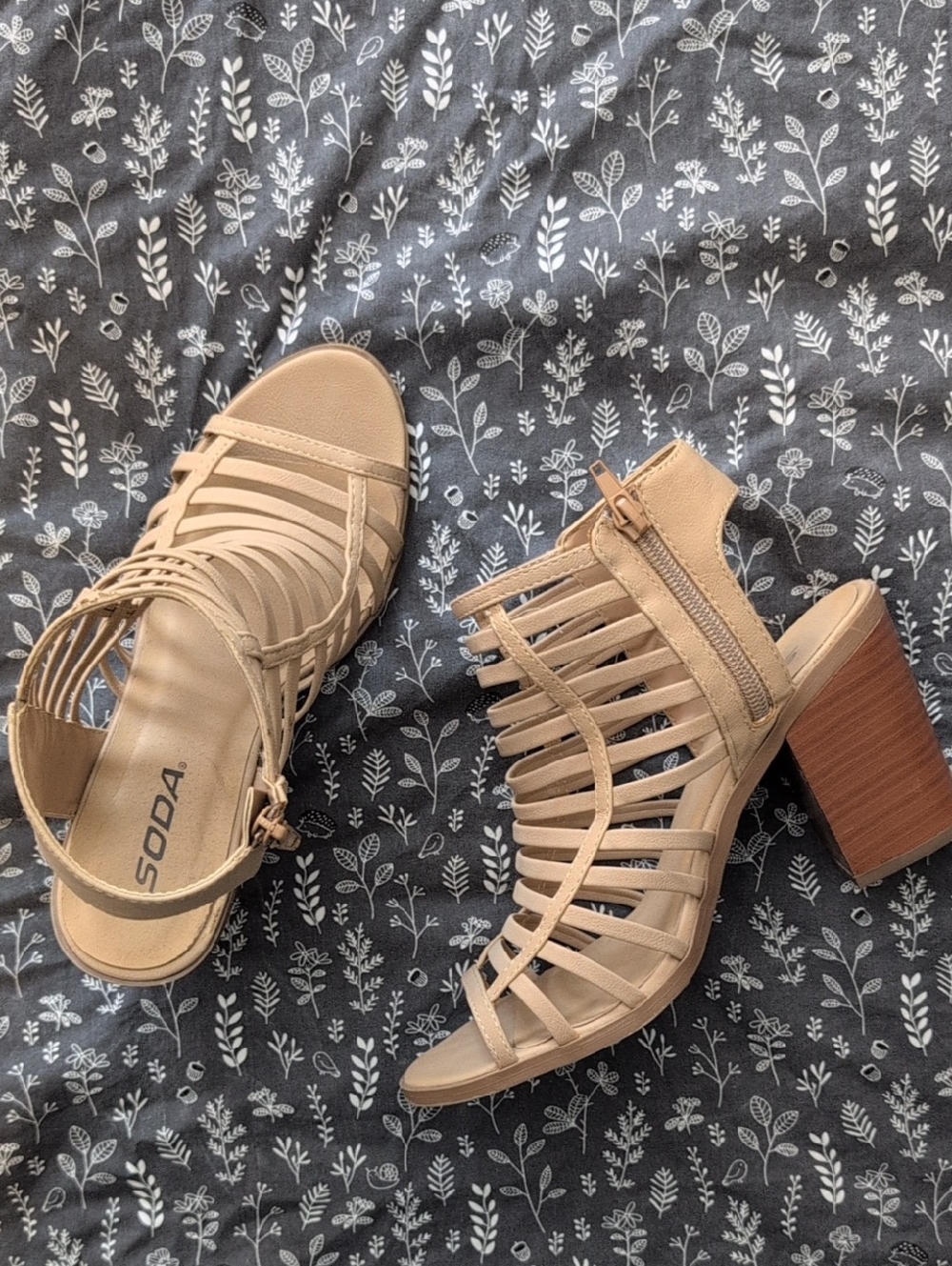 Soda Beige Strappy Block Heel Sandals